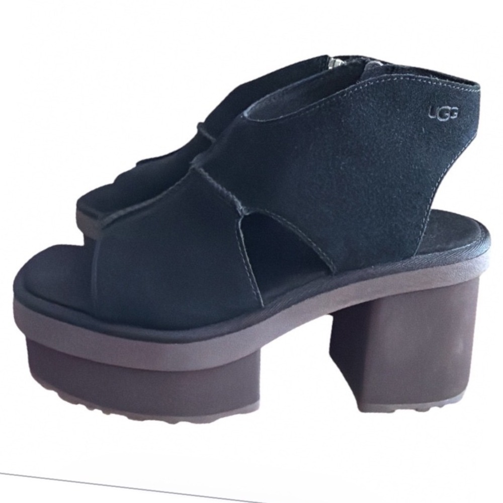 UGG Platform Sandals Womens Black Suede Chunky Block Heel Zip Up Open Toe 10 New - Picture 9 of 11
